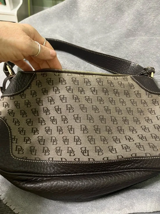 Dooney & Bourke Brown Logo Canvas Shoulder Bag with Dark Brown Trim - Picture 2 of 16